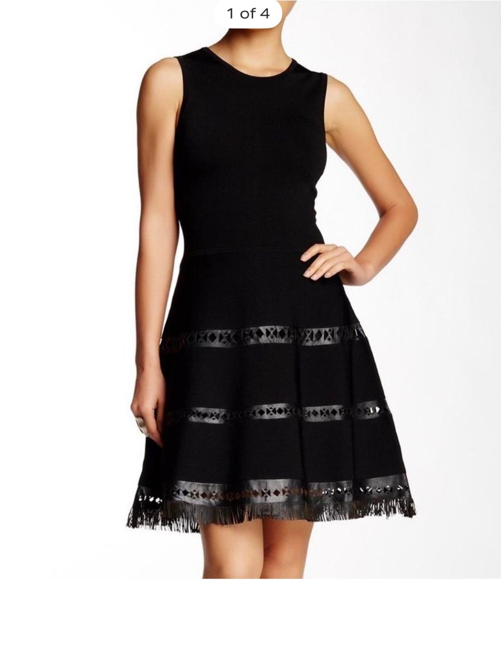 Parker Black faux leather fringe skater dress 
Size small 
Worn once